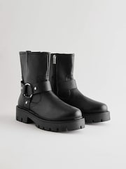 Black Leather Extra Wide Fit Forever Comfort® Buckle Strap Leather Ankle Biker Boots - Image 4 of 9