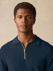 Navy Blue Regular Fit 100% Cotton Long Sleeve Textured Knit Quarter Zip Polo Shirt - Image 1 of 8