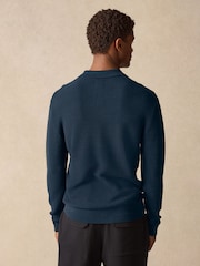 Navy Blue Regular Fit 100% Cotton Long Sleeve Textured Knit Quarter Zip Polo Shirt - Image 2 of 8