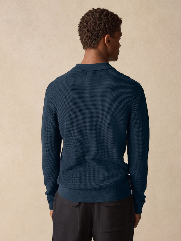 Navy Blue Regular Fit 100% Cotton Long Sleeve Textured Knit Quarter Zip Polo Shirt - Image 2 of 8