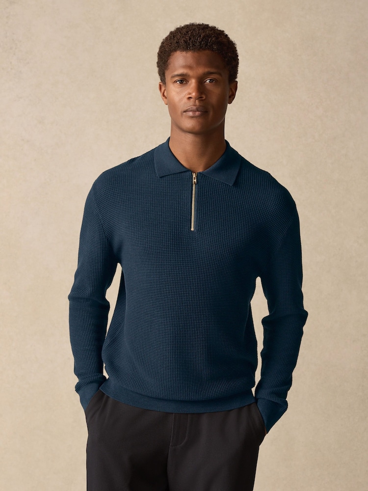 Navy Blue Regular Fit 100% Cotton Long Sleeve Textured Knit Quarter Zip Polo Shirt - Image 3 of 8