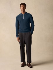 Navy Blue Regular Fit 100% Cotton Long Sleeve Textured Knit Quarter Zip Polo Shirt - Image 4 of 8
