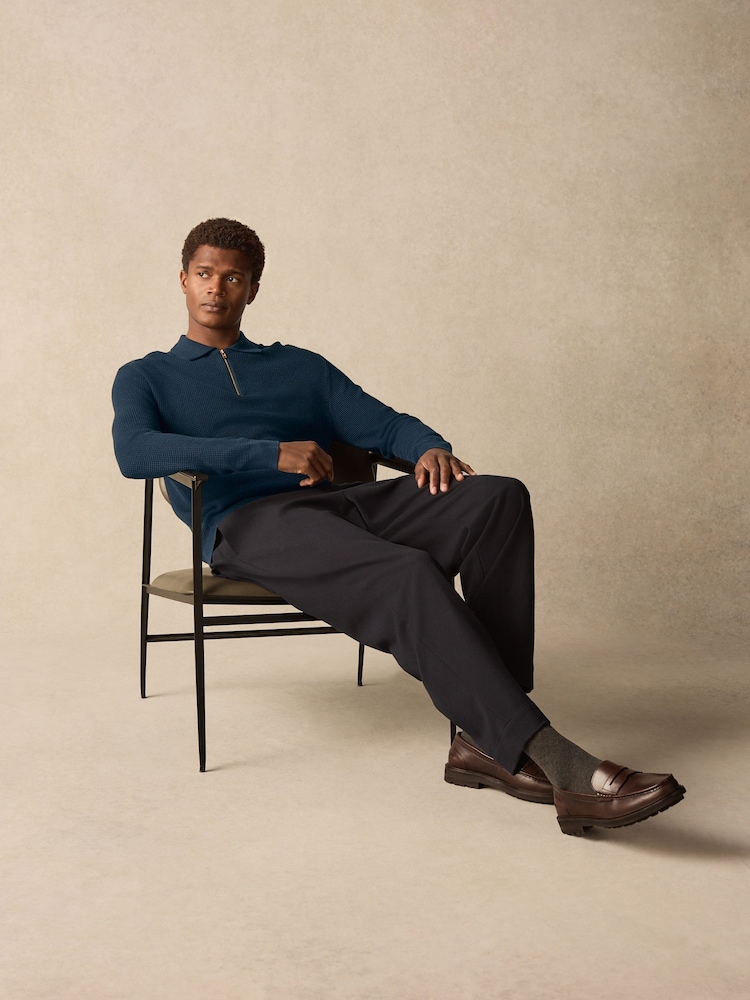 Navy Blue Regular Fit 100% Cotton Long Sleeve Textured Knit Quarter Zip Polo Shirt - Image 5 of 8