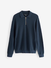 Navy Blue Regular Fit 100% Cotton Long Sleeve Textured Knit Quarter Zip Polo Shirt - Image 6 of 8