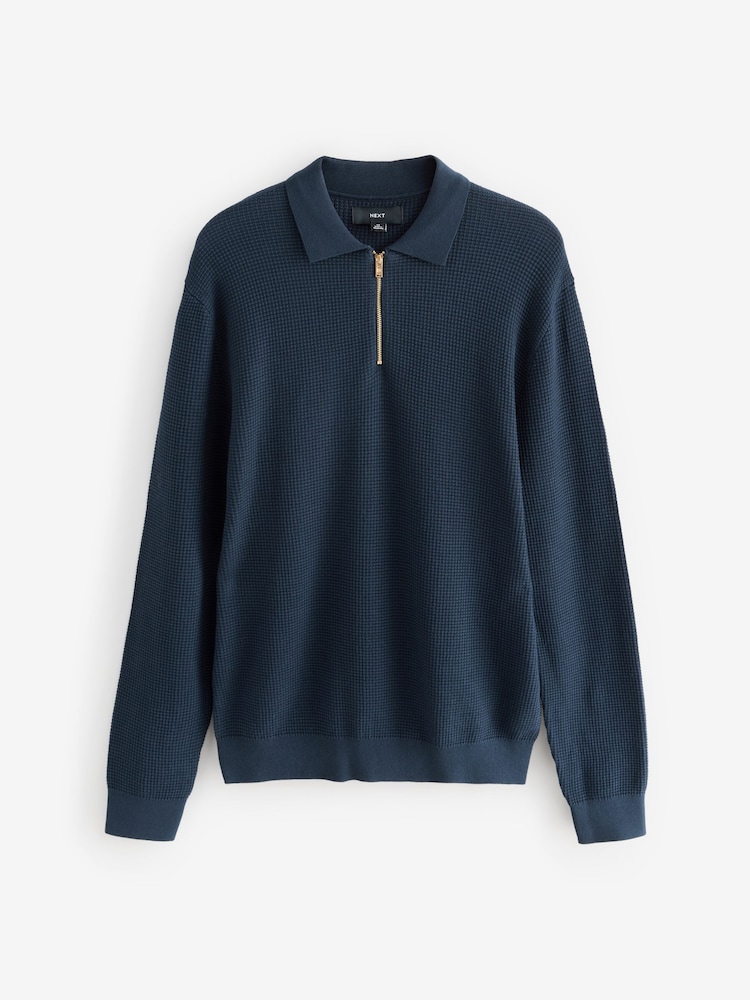 Navy Blue Regular Fit 100% Cotton Long Sleeve Textured Knit Quarter Zip Polo Shirt - Image 6 of 8