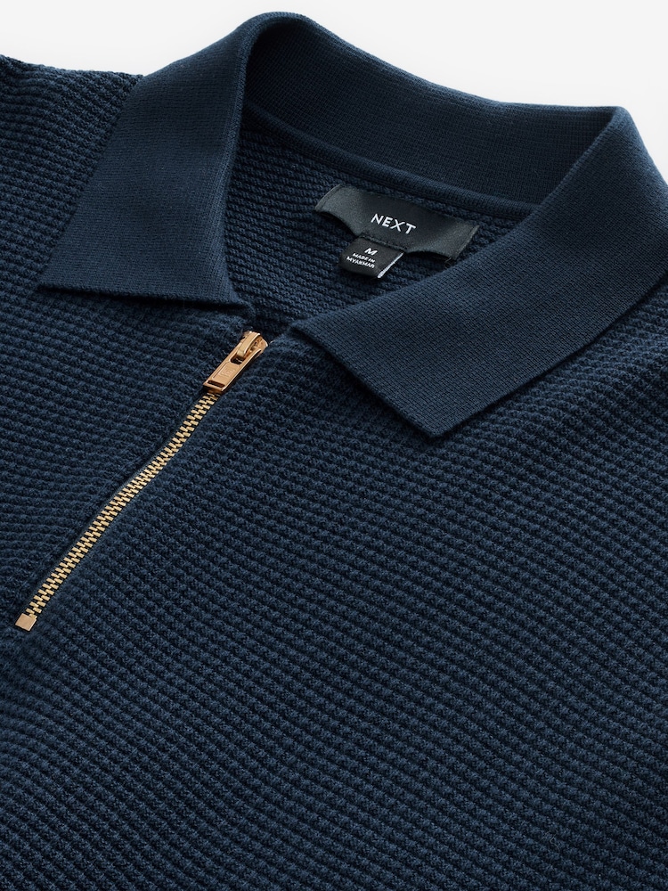 Navy Blue Regular Fit 100% Cotton Long Sleeve Textured Knit Quarter Zip Polo Shirt - Image 7 of 8