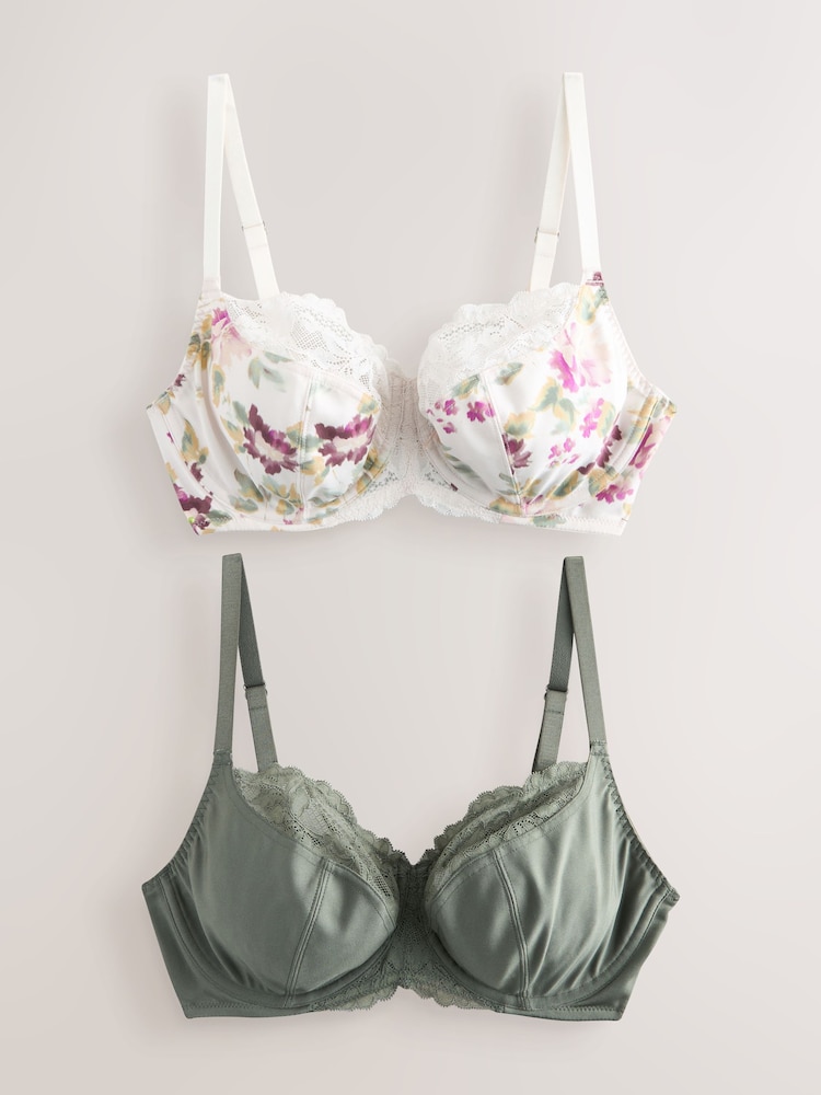 Crèmekleurig bloemen/khakigroen - DD+ Non Pad Wired Full Cup Microfibre Lace Bra - Image 5 of 9