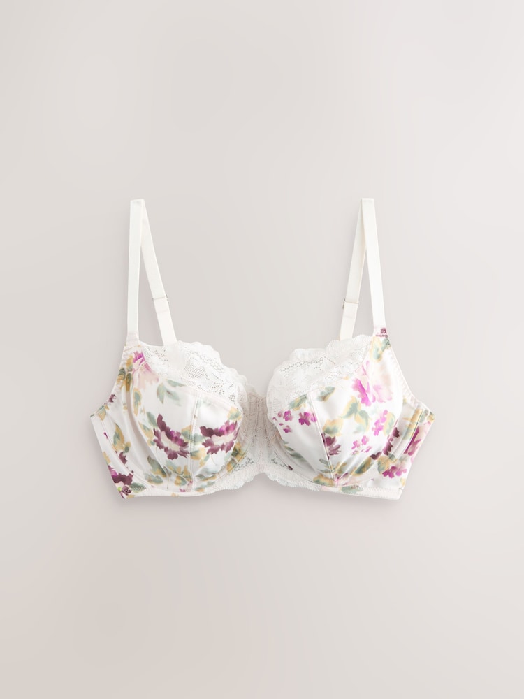 Crèmekleurig bloemen/khakigroen - DD+ Non Pad Wired Full Cup Microfibre Lace Bra - Image 7 of 9