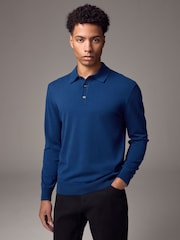 Blue Cobalt Regular Fit Knitted Long Sleeve Polo Shirt - Image 1 of 9