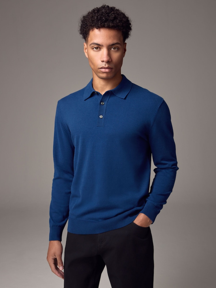 Blue Cobalt Regular Fit Knitted Long Sleeve Polo Shirt - Image 1 of 9