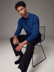 Blue Cobalt Regular Fit Knitted Long Sleeve Polo Shirt - Image 6 of 9