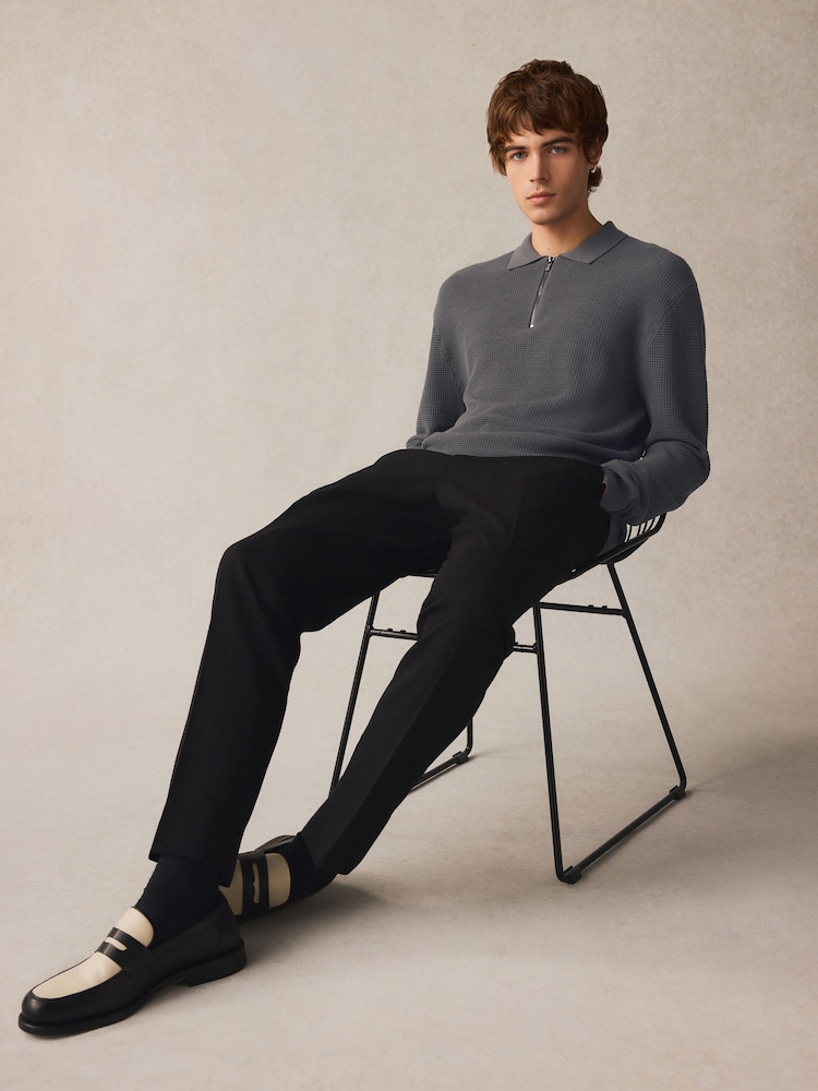 Grey Regular Fit 100% Cotton Long Sleeve Textured Knit Quarter Zip Polo Shirt - Image 3 of 8