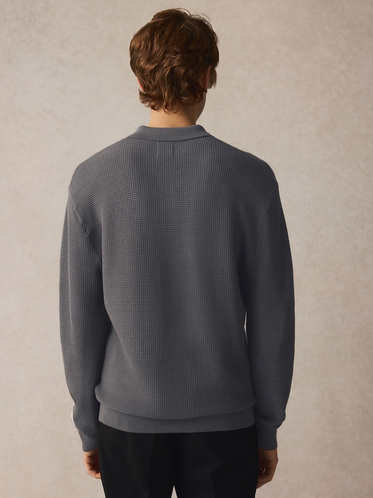 Grey Regular Fit 100% Cotton Long Sleeve Textured Knit Quarter Zip Polo Shirt - Image 4 of 8