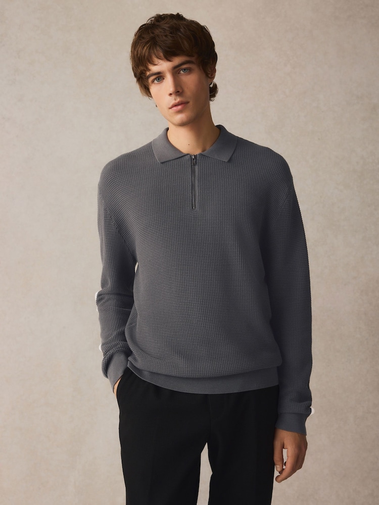 Grey Regular Fit 100% Cotton Long Sleeve Textured Knit Quarter Zip Polo Shirt - Image 5 of 8