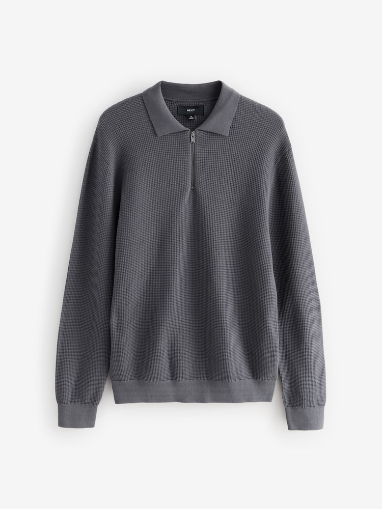Grey Regular Fit 100% Cotton Long Sleeve Textured Knit Quarter Zip Polo Shirt - Image 6 of 8