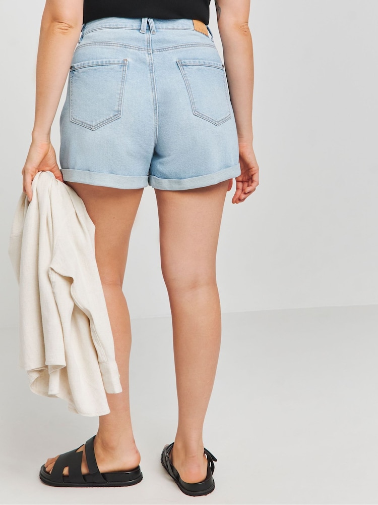 Simply Be Light Blue Mom Roll Hem Denim Shorts - Image 2 of 4