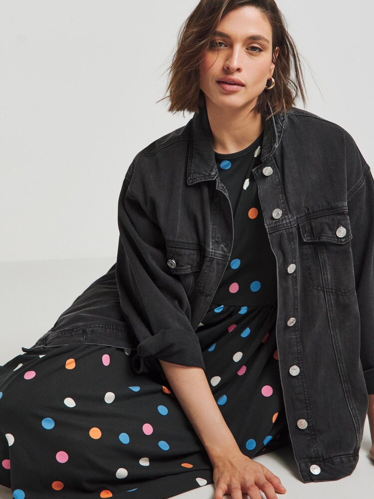 Simply Be Black Spot Print Supersoft Pocket Midi Dress - Image 1 of 4