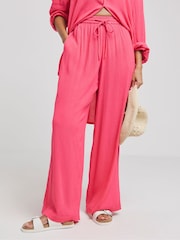 Розовый - Simply Be Tie Waist Crinkle Wide Leg Trousers - Изображение 1 из 4