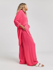 Розовый - Simply Be Tie Waist Crinkle Wide Leg Trousers - Изображение 2 из 4