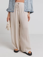 Бежевый - Simply Be Tie Waist Crinkle Wide Leg Trousers - Изображение 1 из 4