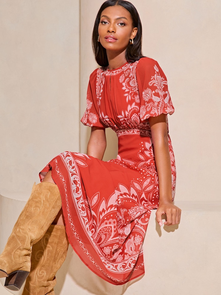 Lipsy Red Flutter Sleeve Floral Chiffon Midaxi Dress - Image 4 of 4 Lipsy Red Flutter Sleeve Floral Chiffon Midaxi Dress - Image 4 of 4