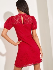 Lipsy Red Lace Short Sleeve Underbust Skater Mini Dress - Image 4 of 4
