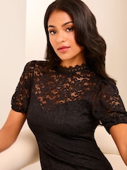 Lipsy Black Lace Short Sleeve Underbust Skater Mini Dress - Image 2 of 4