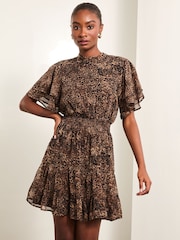 Lipsy Brown Petite Animal Printed Short Sleeve Mini Dress - Image 2 of 4