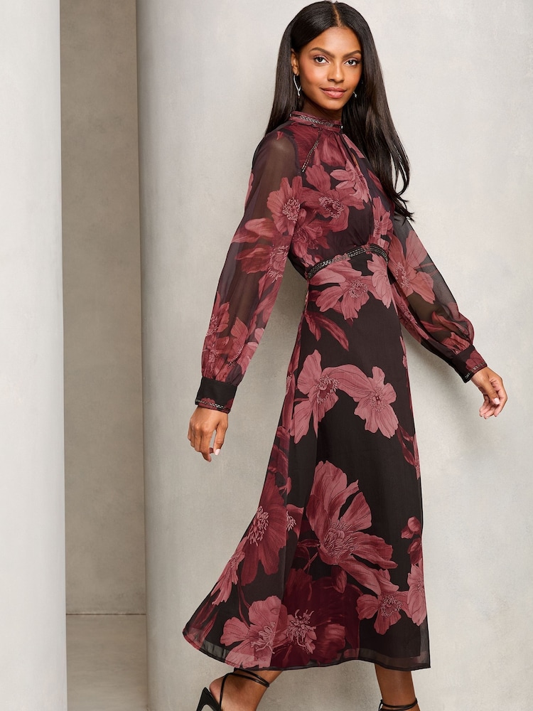 Rood - Lipsy - Geweven midi-jurk met print en lange mouwen onder de buste - Image 3 of 4