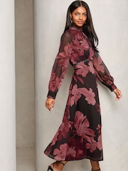 Lipsy Red Petite Printed Woven Long Sleeve Underbust Midi Dress - Image 2 of 4