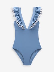 Steel Blue Plunge Broderie Frill Tummy Control Swimsuit - Image 6 of 6