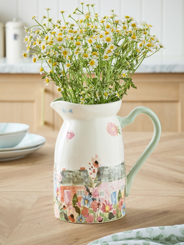 White/Pink House Scene Jug Vase - Image 1 of 7