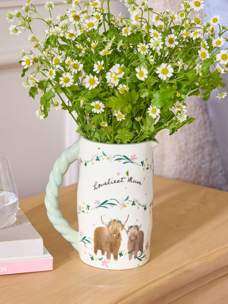 White Hamish the Highland Cow Loveliest Mum Ceramic Jug Vase - Image 1 of 4 White Hamish the Highland Cow Loveliest Mum Ceramic Jug Vase - Image 1 of 4