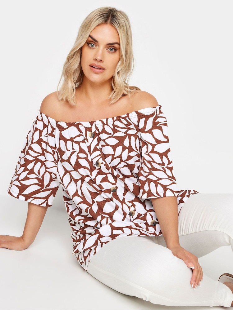 Yours Curve Brown Leaf Print Bardot 100% Cotton Top - Image 1 of 5