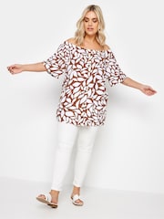 Yours Curve Brown Leaf Print Bardot 100% Cotton Top - Image 2 of 5