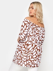 Yours Curve Brown Leaf Print Bardot 100% Cotton Top - Image 3 of 5