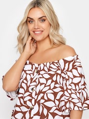 Yours Curve Brown Leaf Print Bardot 100% Cotton Top - Image 4 of 5