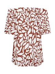 Yours Curve Brown Leaf Print Bardot 100% Cotton Top - Image 5 of 5