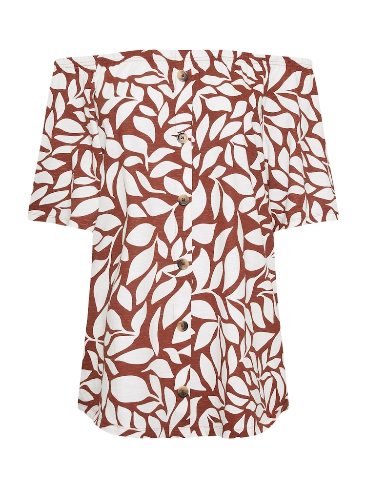 Yours Curve Brown Leaf Print Bardot 100% Cotton Top - Image 5 of 5