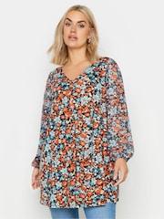Yours Curve Red Floral Mesh Sleeve Top - Image 1 of 5