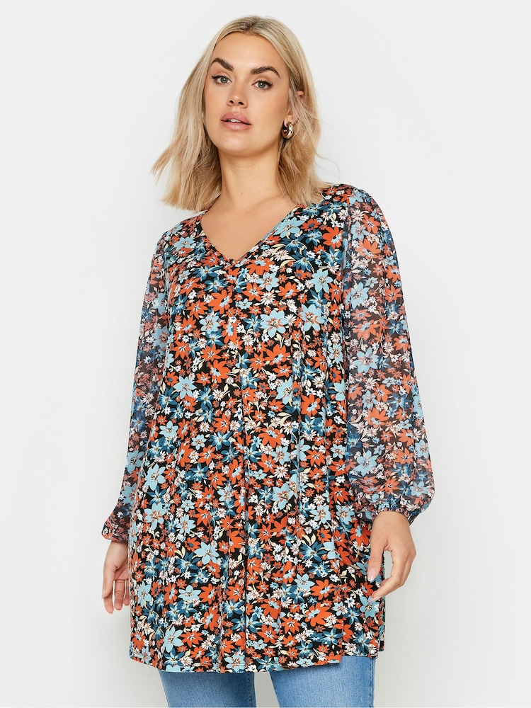 Yours Curve Red Floral Mesh Sleeve Top - Image 1 of 5