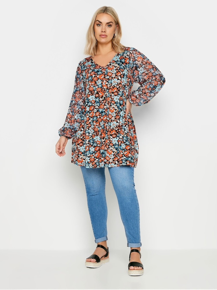 Yours Curve Red Floral Mesh Sleeve Top - Image 2 of 5
