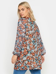 Yours Curve Red Floral Mesh Sleeve Top - Image 3 of 5