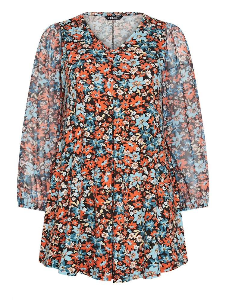 Yours Curve Red Floral Mesh Sleeve Top - Image 5 of 5 Yours Curve Red Floral Mesh Sleeve Top - Image 5 of 5