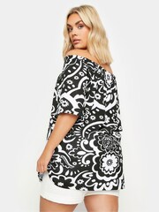 Yours Curve Black Leaf Print Bardot 100% Cotton Top - Image 3 of 6