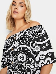 Yours Curve Black Leaf Print Bardot 100% Cotton Top - Image 4 of 6