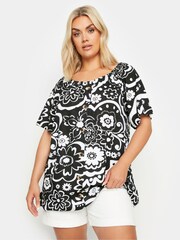 Yours Curve Black Leaf Print Bardot 100% Cotton Top - Image 5 of 6
