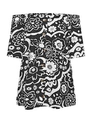 Yours Curve Black Leaf Print Bardot 100% Cotton Top - Image 6 of 6