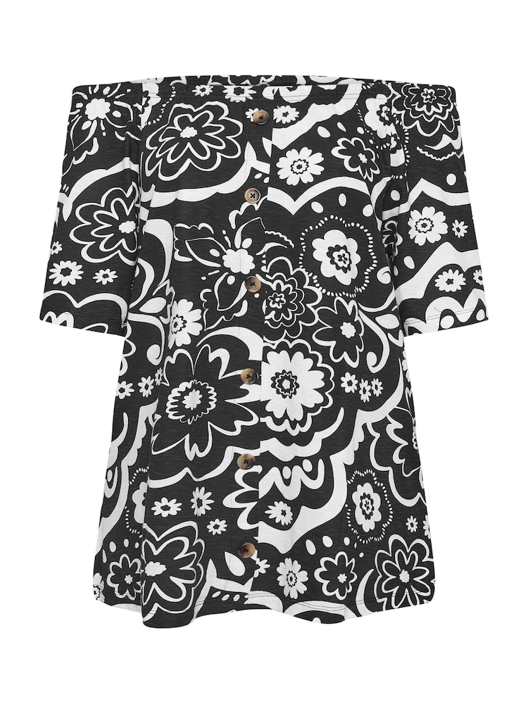 Yours Curve Black Leaf Print Bardot 100% Cotton Top - Image 6 of 6