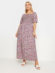 Yours Curve Pink Maxi Shirred Square Neck Dress - Image 1 of 5